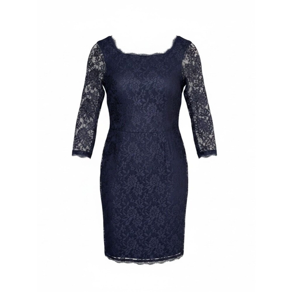 Simply Liliana Navy Lace Sheath Dress with Three-Quarter Sleeves - Size 10